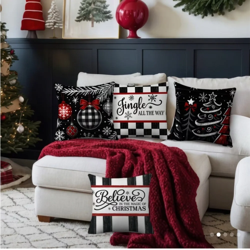 (New in package)4 pk Holiday Decorative Pillow Covers Set - Black, Red, White